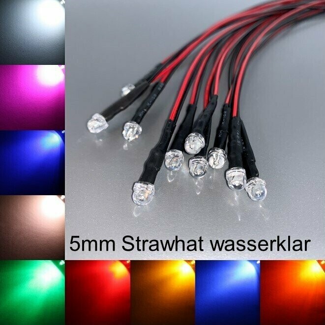 10x verkabelte 5mm LEDs Strawhat wasserklar