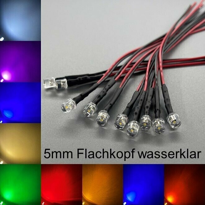 10x verkabelte 5mm LEDs Flachkopf wasserklar 10x verkabelte 5mm LEDs Flachkopf wasserklar