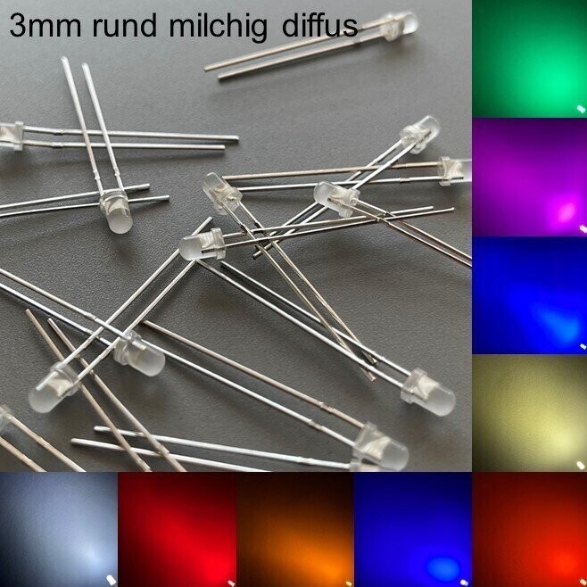 1000 Stück 3mm LEDs rund milchig diffus mit oder ohne Widerstände 1000 Stück 3mm LEDs rund milchig diffus mit oder ohne Widerstände