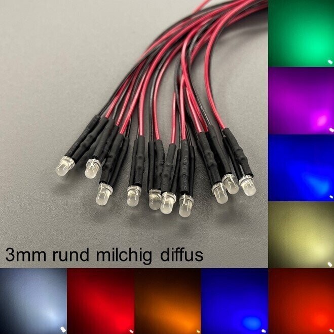10x verkabelte 3mm LEDs rund milchig diffus 10x verkabelte 3mm LEDs rund milchig diffus