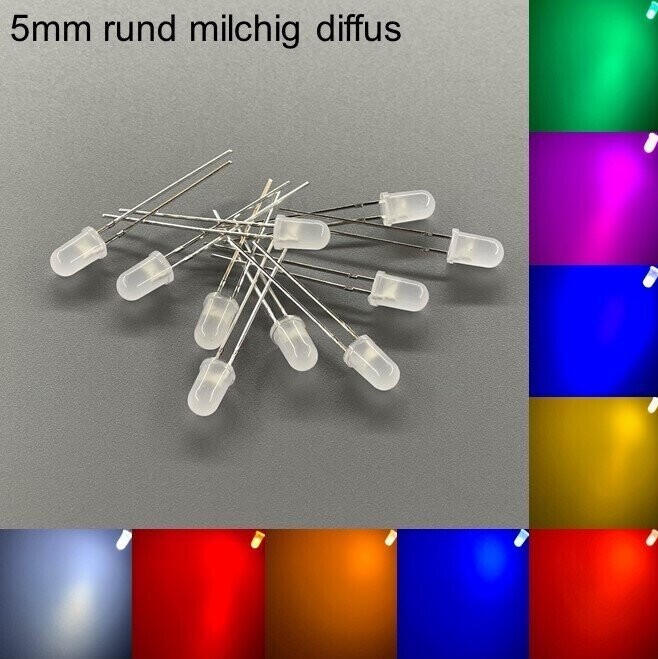 1000 Stück 5mm LEDs rund milchig diffus mit oder ohne Widerstände