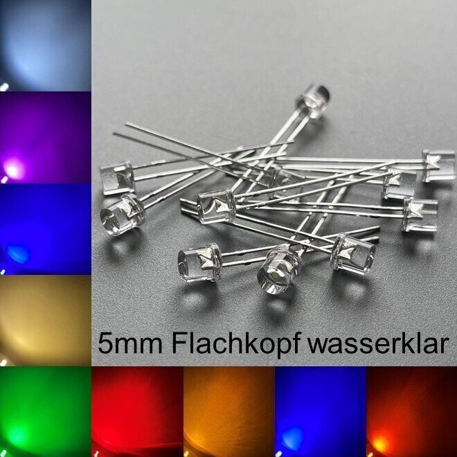 1000 Stück 5mm LEDs Flachkopf wasserklar mit oder ohne Widerstände 1000 Stück 5mm LEDs Flachkopf wasserklar mit oder ohne Widerstände