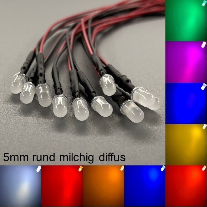10x verkabelte 5mm LEDs rund milchig diffus 10x verkabelte 5mm LEDs rund milchig diffus