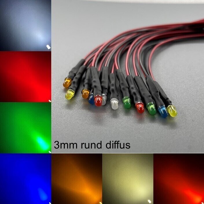 10x verkabelte 3mm LEDs rund diffus 10x verkabelte 3mm LEDs rund diffus