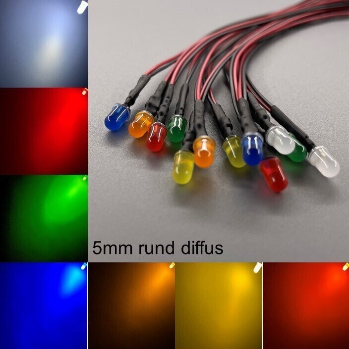 10x verkabelte 5mm LEDs rund diffus 10x verkabelte 5mm LEDs rund diffus
