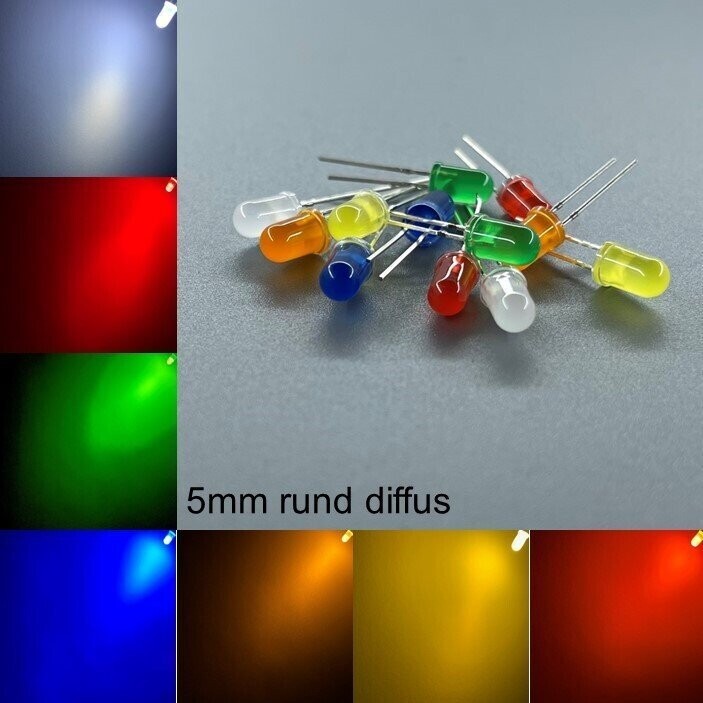 1000 Stück 5mm LEDs rund diffus mit oder ohne Widerstände