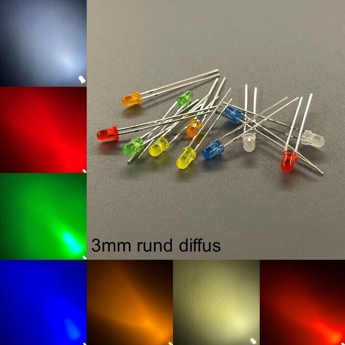 1000 Stück 3mm LEDs rund diffus mit oder ohne Widerstände 1000 Stück 3mm LEDs rund diffus mit oder ohne Widerstände
