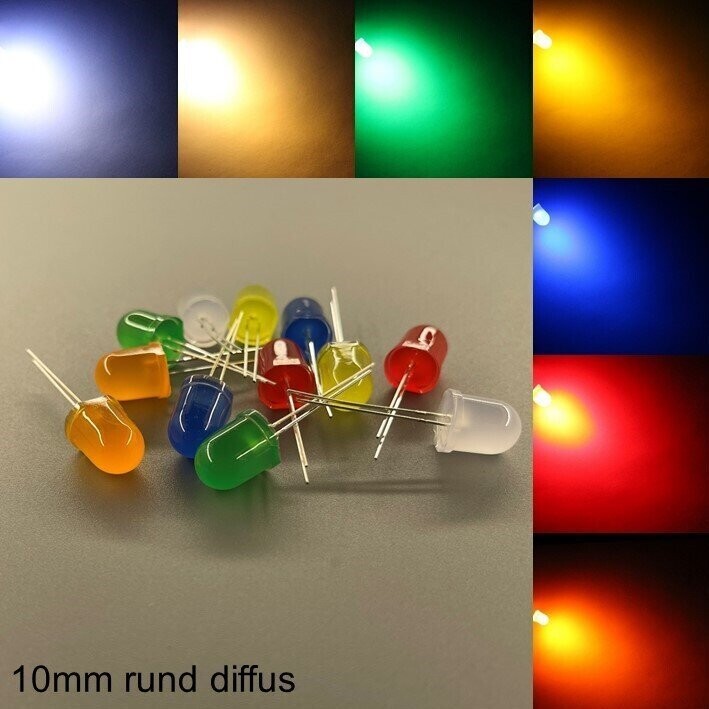 10 Stück 10mm LEDs rund diffus mit oder ohne Widerstände 10 Stück 10mm LEDs rund diffus mit oder ohne Widerstände