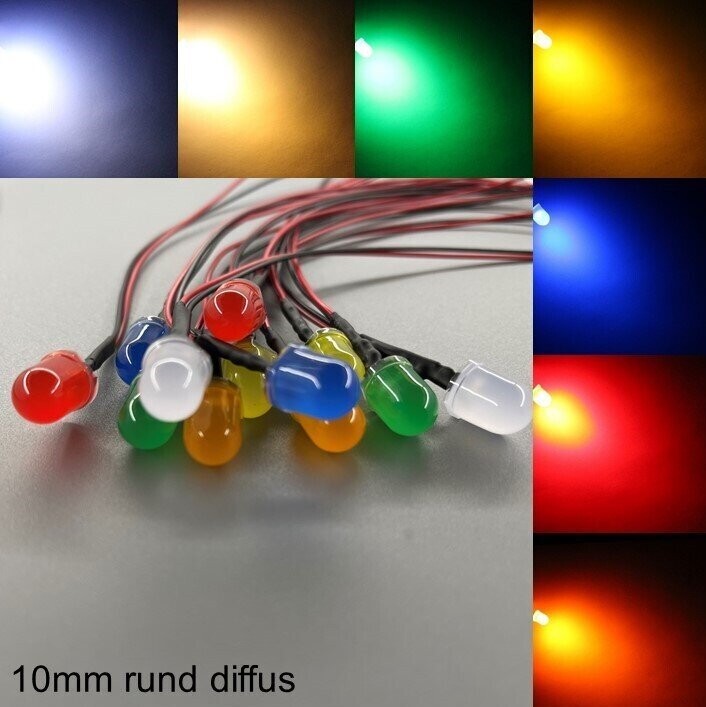 10x verkabelte 10mm LEDs rund diffus