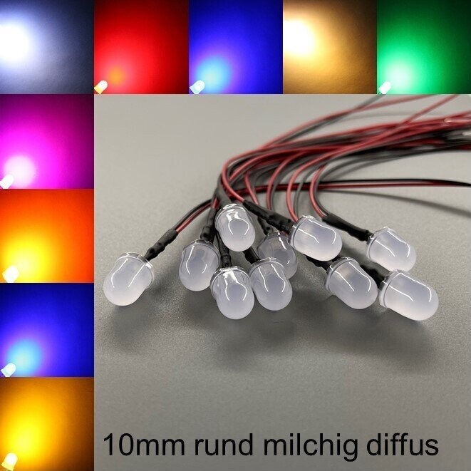 10x verkabelte 10mm LEDs rund milchig diffus 10x verkabelte 10mm LEDs rund milchig diffus