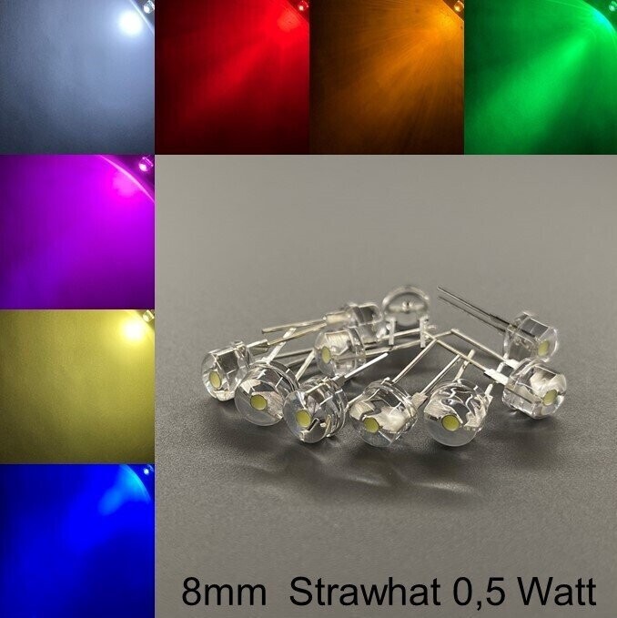 5 Stück 8mm LEDs Strawhat 200° 0,5 Watt mit oder ohne Widerstände 5 Stück 8mm LEDs Strawhat 200° 0,5 Watt mit oder ohne Widerstände