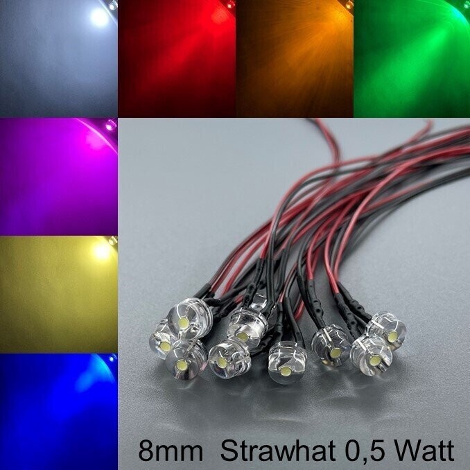 10x verkabelte 8mm LEDs Strawhat wasserklar 200° 0,5 Watt 10x verkabelte 8mm LEDs Strawhat wasserklar 200° 0,5 Watt