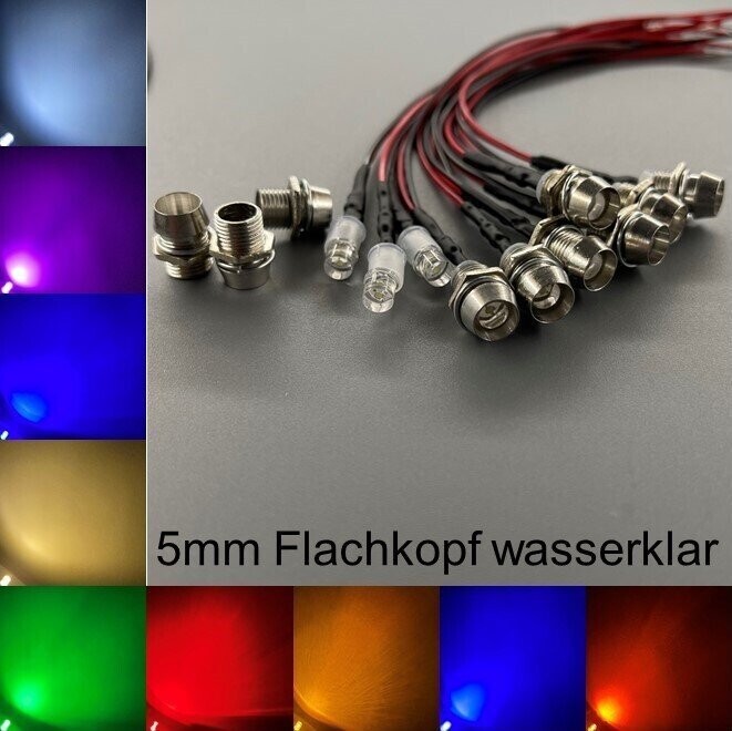 10x verkabelte 5mm LEDs Flachkopf wasserklar mit Schrauben 10x verkabelte 5mm LEDs Flachkopf wasserklar mit Schrauben