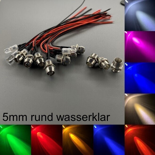 10x verkabelte 5mm LEDs rund wasserklar mit Schrauben