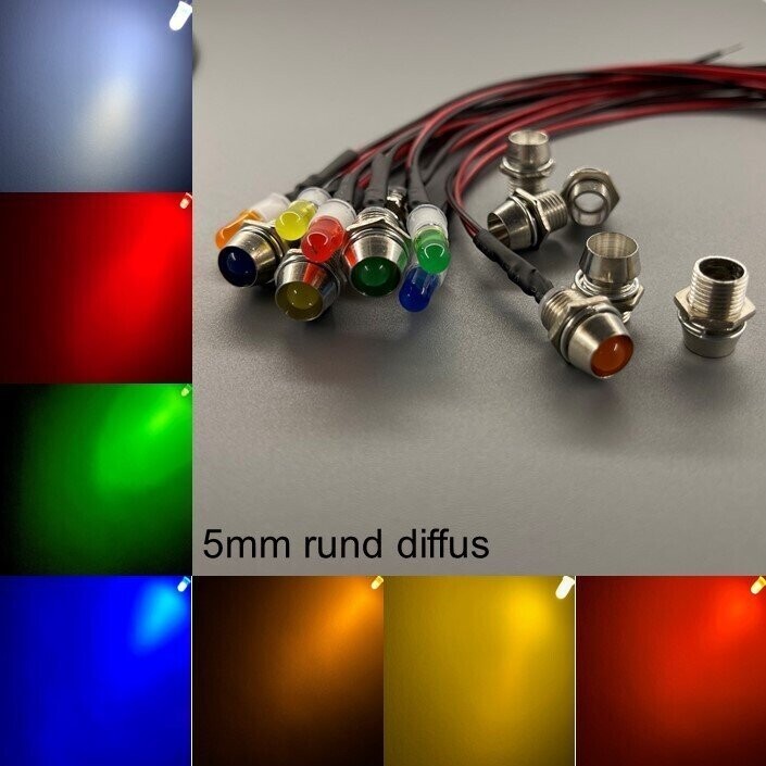 10x verkabelte 5mm LEDs rund diffus mit Schrauben