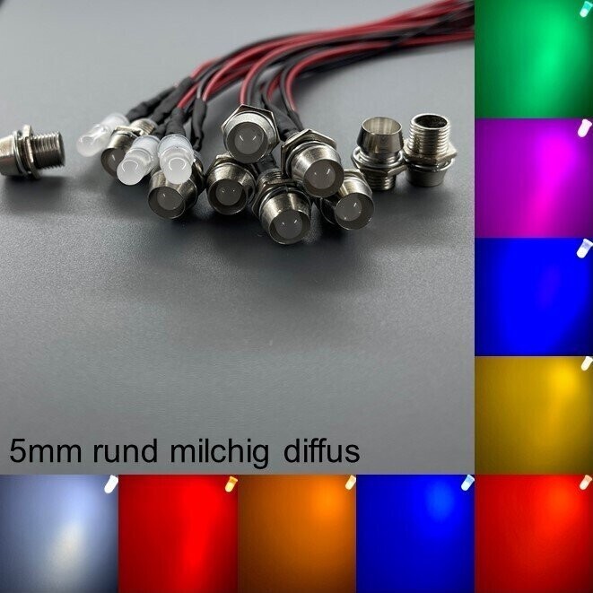 10x verkabelte 5mm LEDs rund milchig diffus mit Schrauben