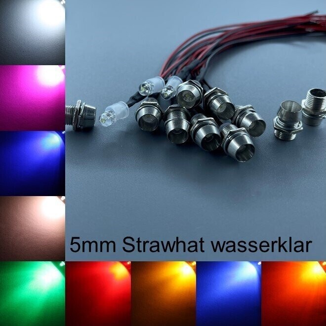 10x verkabelte 5mm LEDs Strawhat wasserklar mit Schrauben 10x verkabelte 5mm LEDs Strawhat wasserklar mit Schrauben