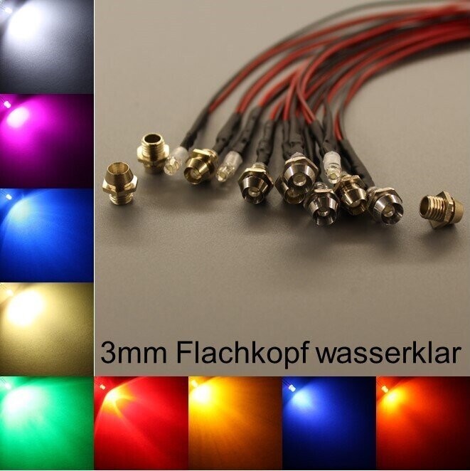 10x verkabelte 3mm LEDs Flachkopf wasserklar mit Schrauben 10x verkabelte 3mm LEDs Flachkopf wasserklar mit Schrauben