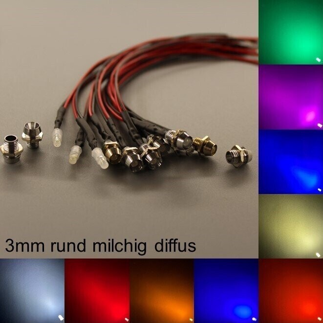 10x verkabelte 3mm LEDs rund milchig diffus mit Schrauben 10x verkabelte 3mm LEDs rund milchig diffus mit Schrauben