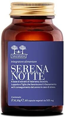 Serena Notte Salugea Integratore per Dormire Bene, Contro Stress e Insonnia, Migliora Durata e Qualità del Sonno - 100% Naturale con Valeriana, Escolzia, Luppolo e Tiglio - 60 Capsule Vegetali