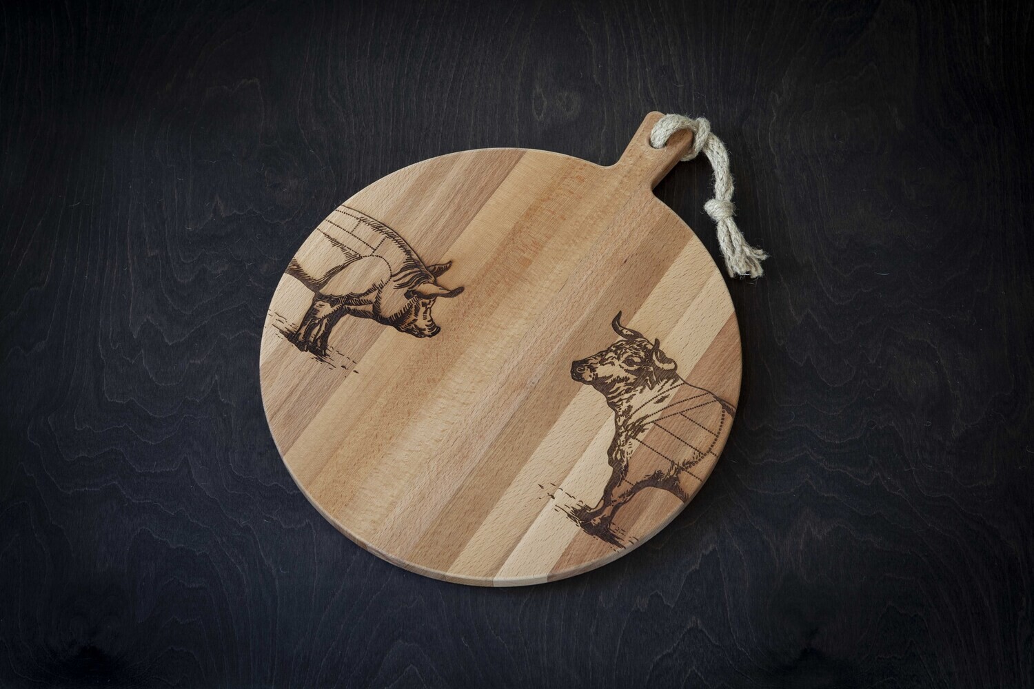 Ronde serveerplank &#39;Half rund - Half varken&#39;, Afmeting: Diameter 35cm