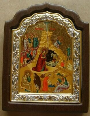 Icon Nativity Seriograph with Sterling Silver and Gold Gilt 16x11cm