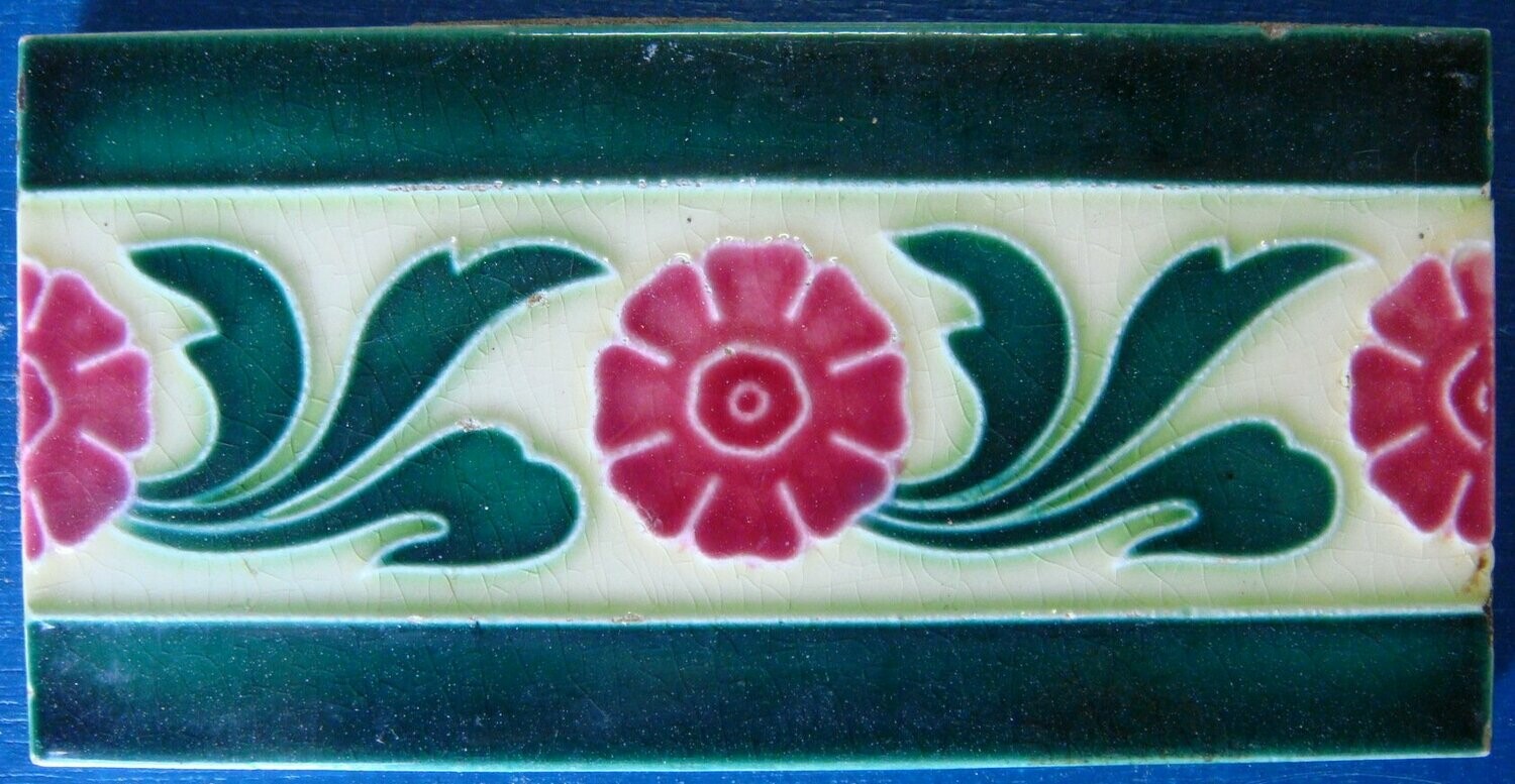 Tile Vintage Glazed Red Tudor Rose Frieze "Old Raj" Style 15x7.5cm