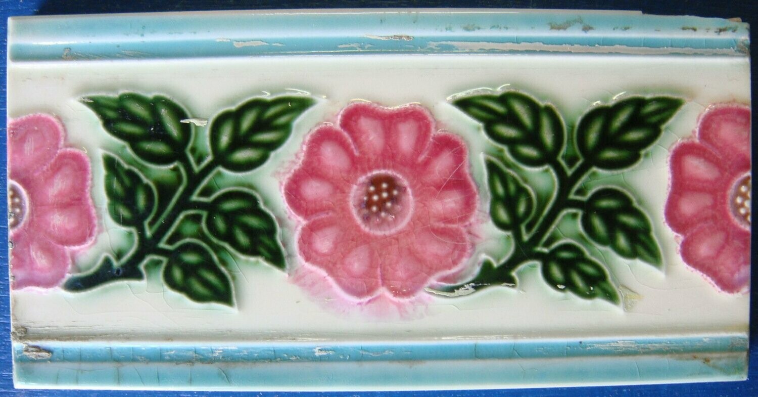 Tile Vintage Glazed Pink Tudor Rose Frieze "Old Raj" Style 15x7.5cm