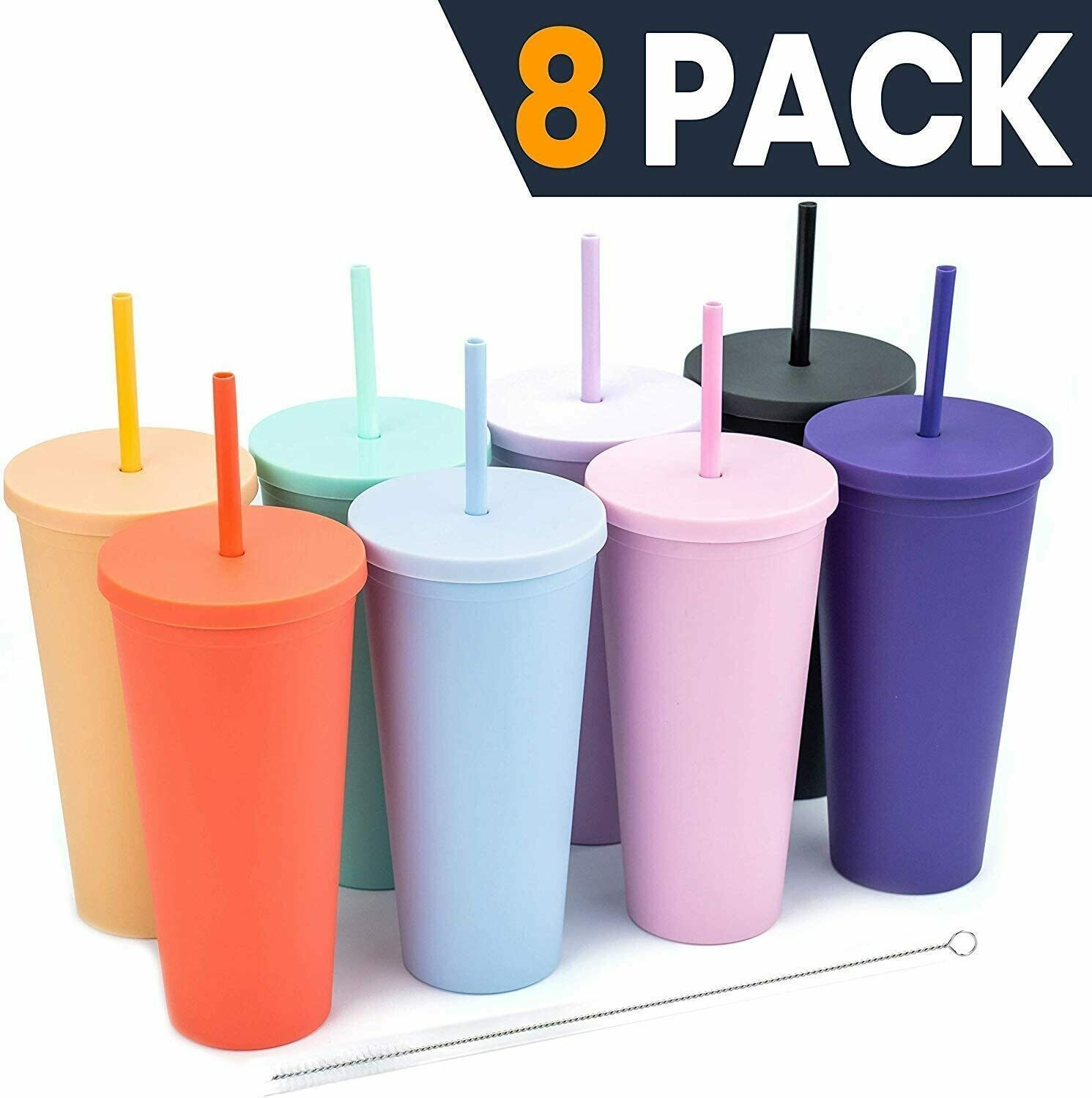 Tumblers with Lids (8 pack) 22oz Colored Acrylic Reusable Cups with Lids and Straws | Double Wall Matte Plastic Bulk Tumblers With FREE Straw Cleaner! Vinyl DIY Gifts