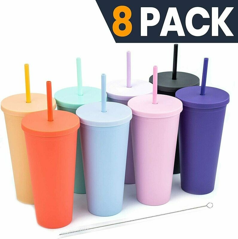Tumblers with Lids (8 pack) 22oz Colored Acrylic Reusable Cups with Lids and Straws | Double Wall Matte Plastic Bulk Tumblers With FREE Straw Cleaner! Vinyl DIY Gifts