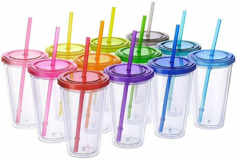 12 Insulated Double Wall Tumbler Cup with Lid, Reusable Straw &amp; Hello Name Tags, 16 oz, Assorted Colors