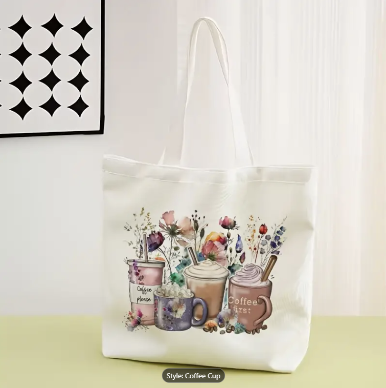Coffee Cup Design Polyester Tote Bag