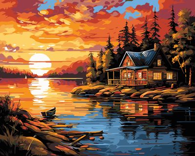 Cabin by the Lake at Sunset
