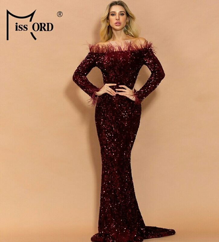​Missord 2020 Sexy Off Shoulder Feather Long Sleeve Sequin floor length Evening Party Maxi Reflective Dress