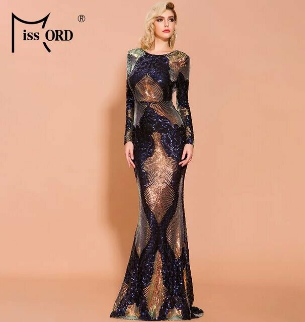 Missord 2020 Women Sexy O Neck Long Sleeve Backless Sequin Dresses