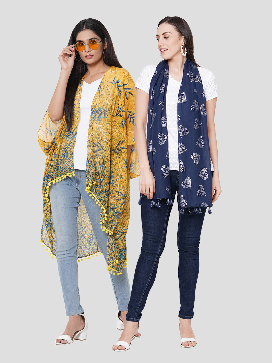 Stylist Printed Ponchos & Foil Printed Scarf with Tassels- Combo offer