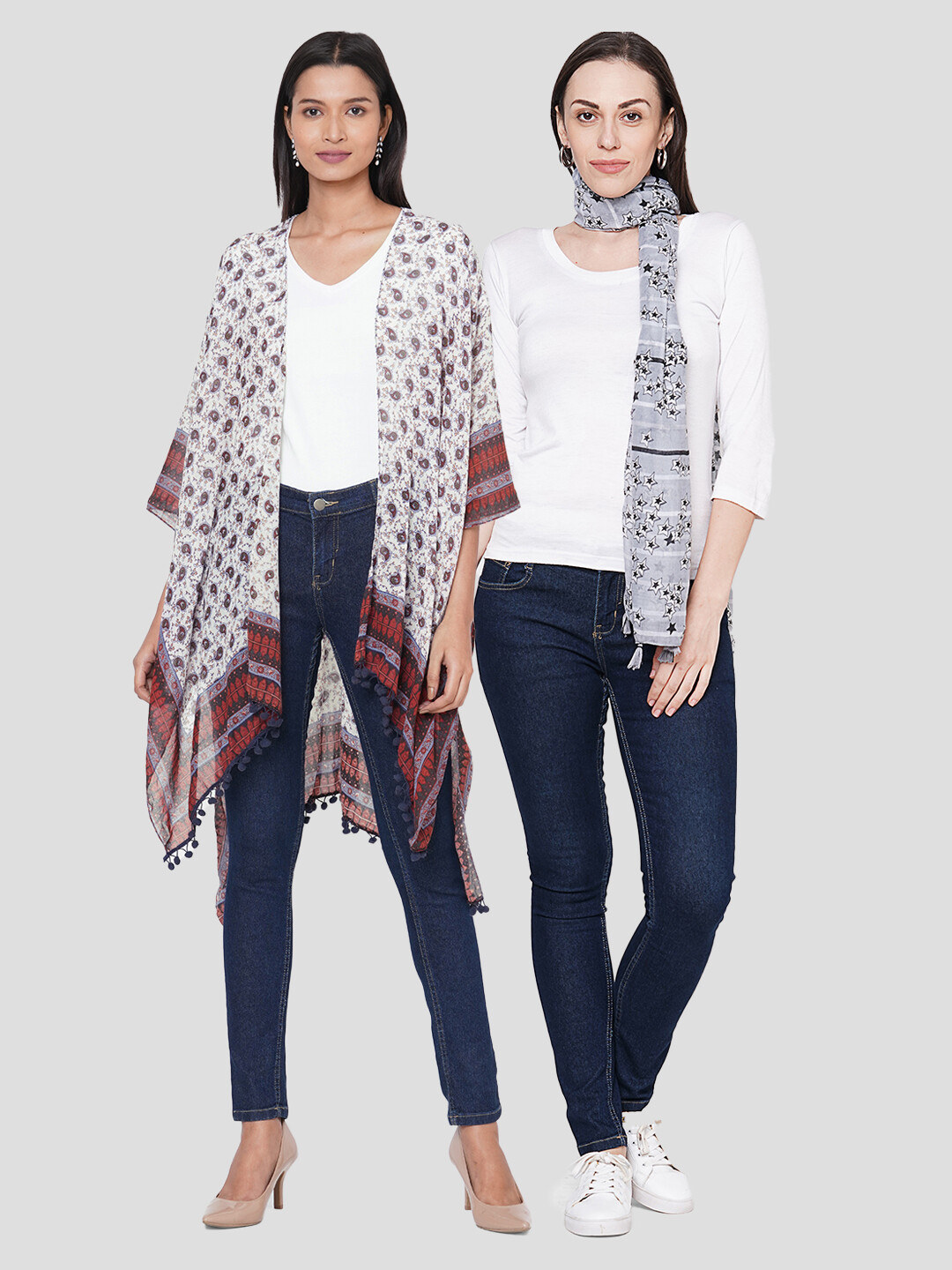 Stylist Printed Ponchos & Printed Scarf with Tassels - Combo offer