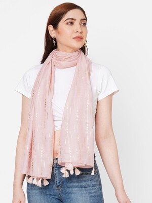 Foil Printed Pink Scarf with Tassels.
