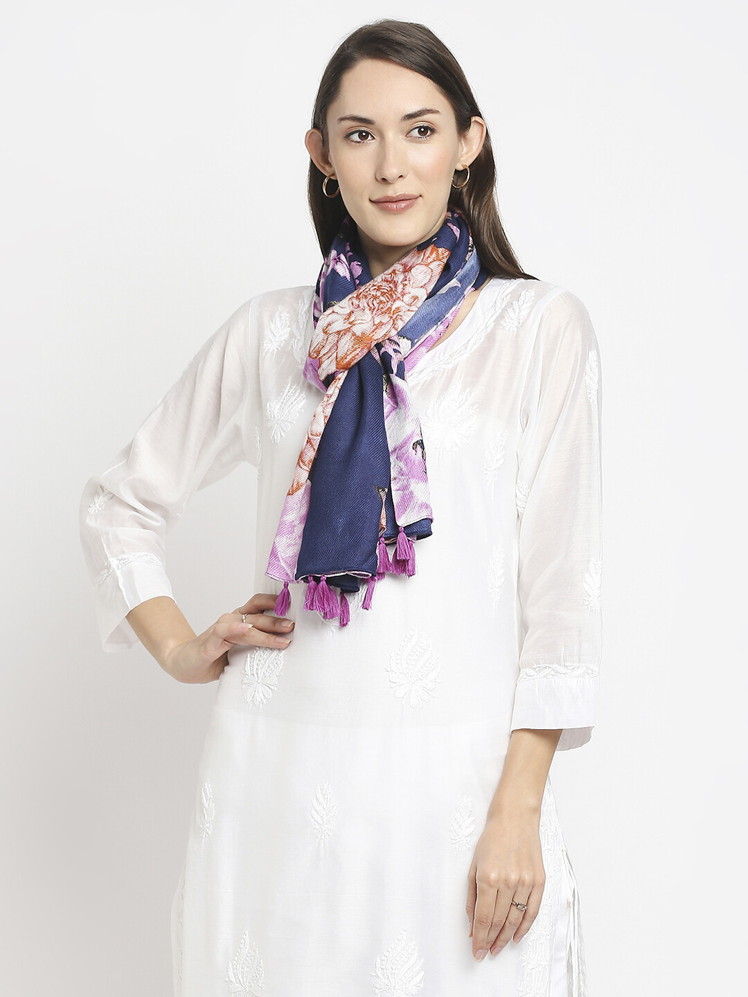 Floral Printed Purple Scarf with tassels.