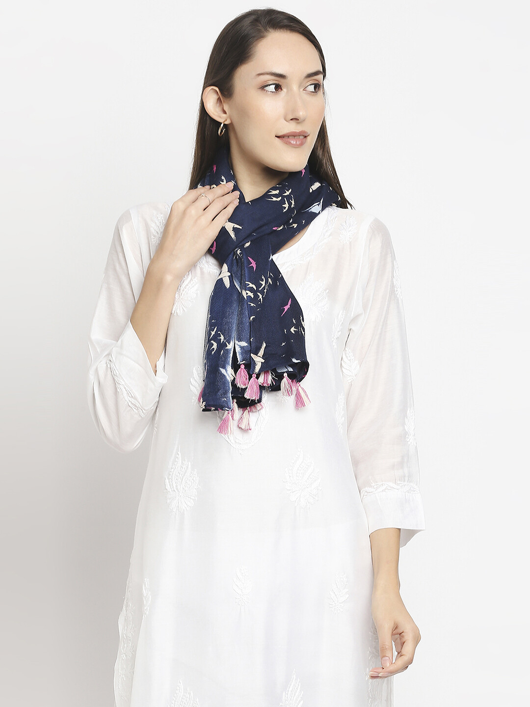 Birds Printed Navy Blue Scarf with tassels.