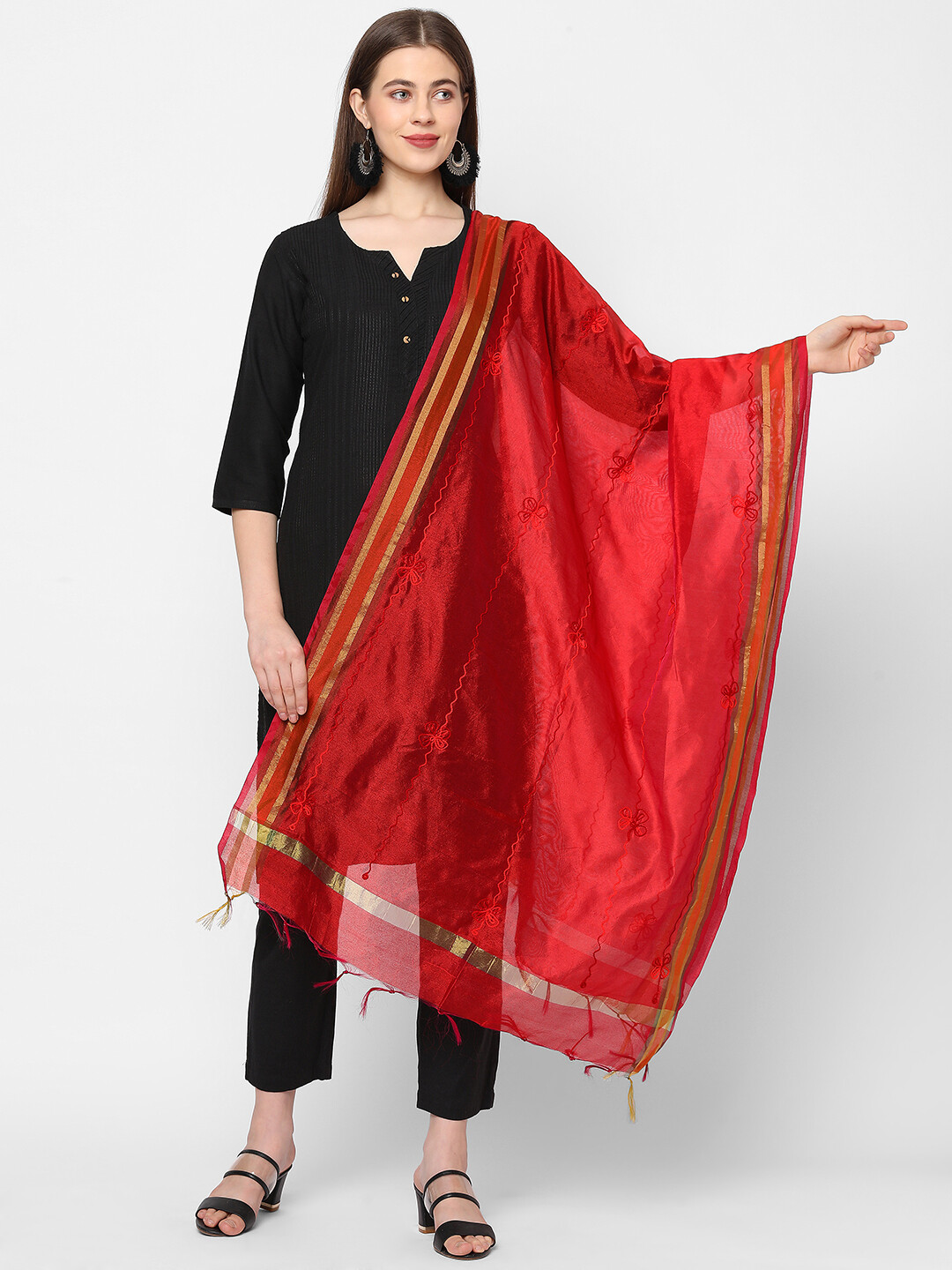 Golden Border Red Dupatta with Embroidery