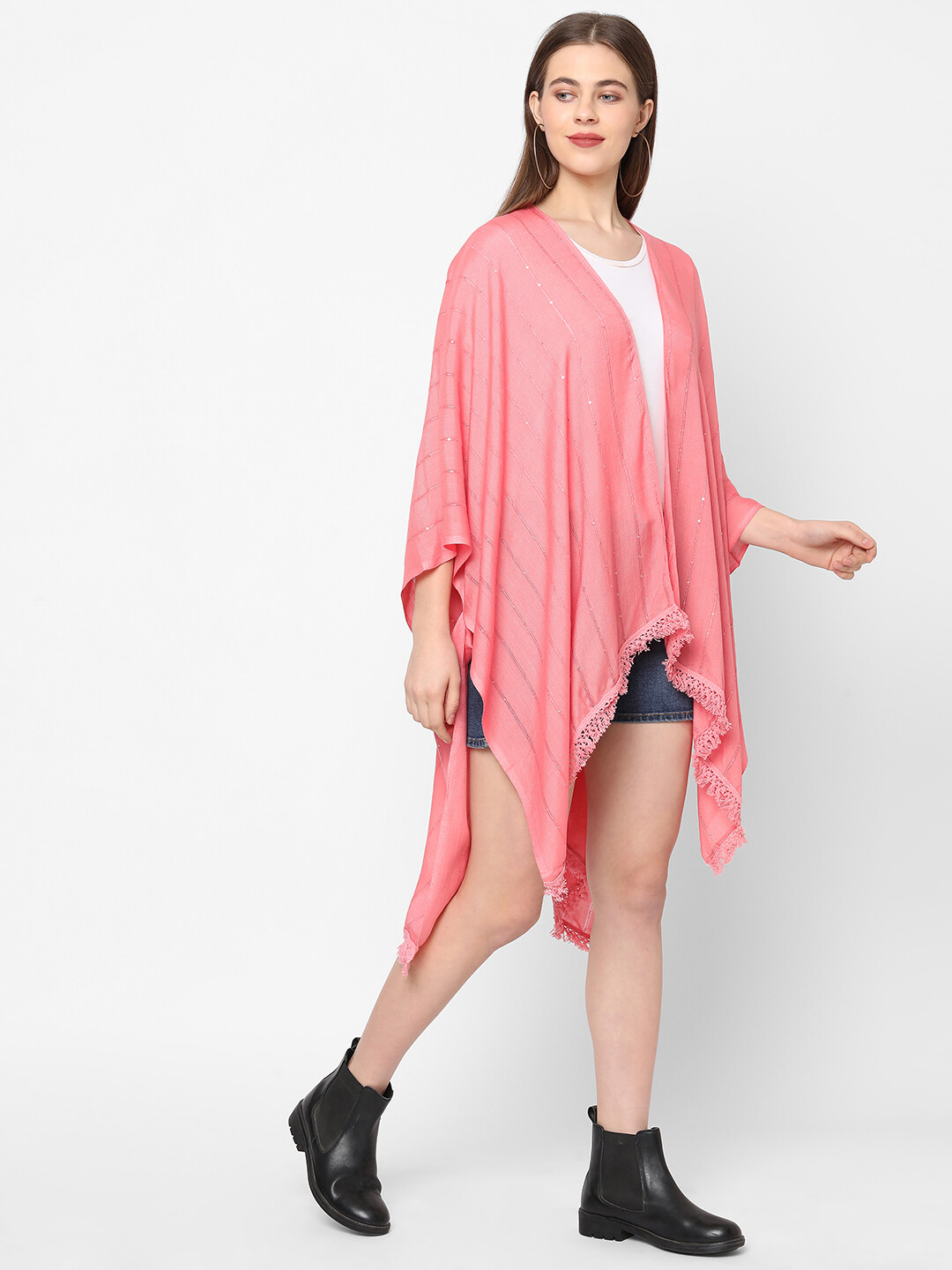 Sequins Fabric Pink Kimono with Lace