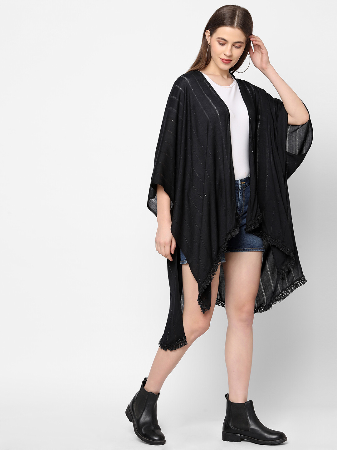 Sequins Fabric Black Kimono with Lace