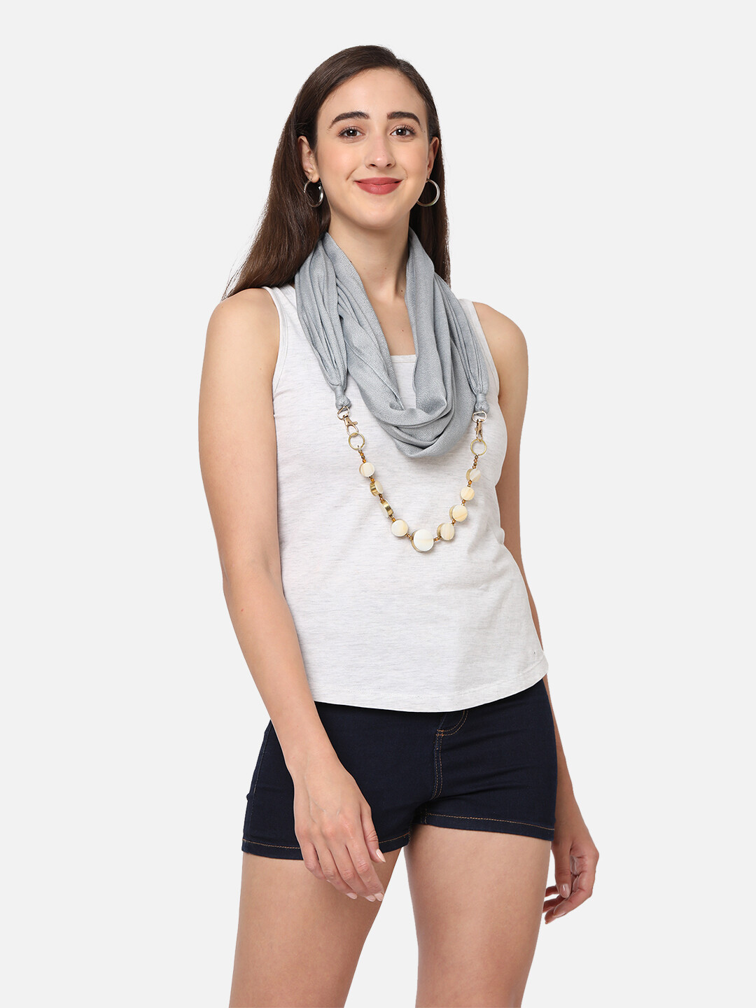 Removable Shell Jewelled Grey Scarf