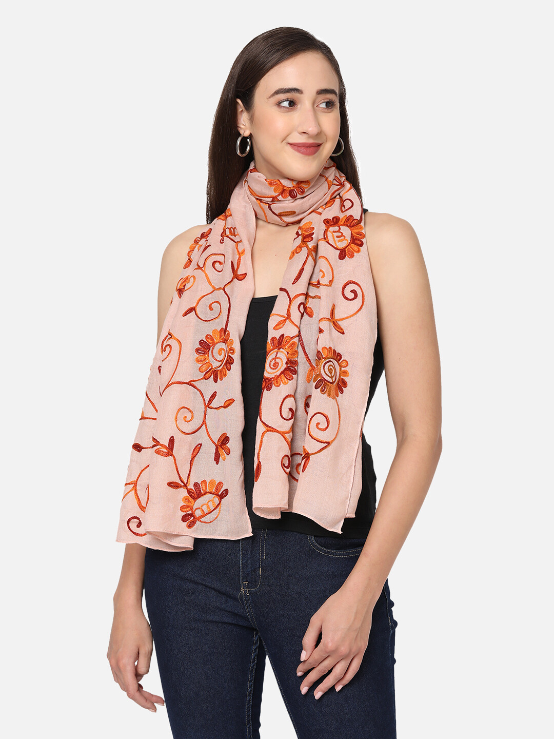 All over Multi color embroidered Beige Scarf