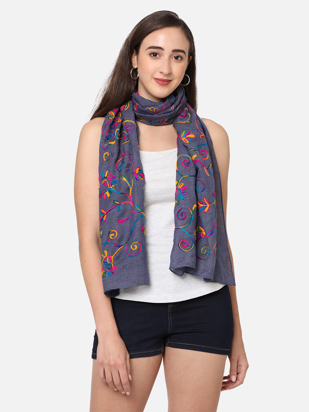 All over Multi color embroidered Purple Scarf