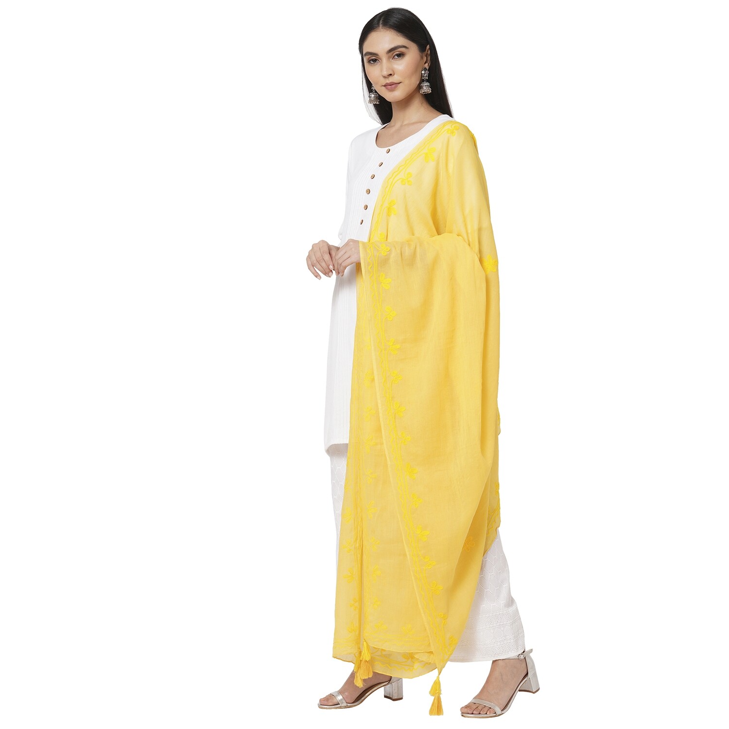 Cotton Embroidered Yellow Dupatta with tassels