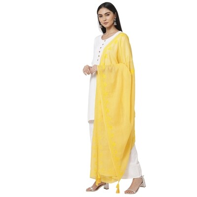 Cotton Embroidered Yellow Dupatta with tassels