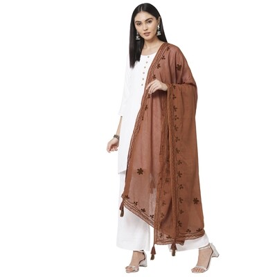 Cotton Embroidered Brown Dupatta with tassels