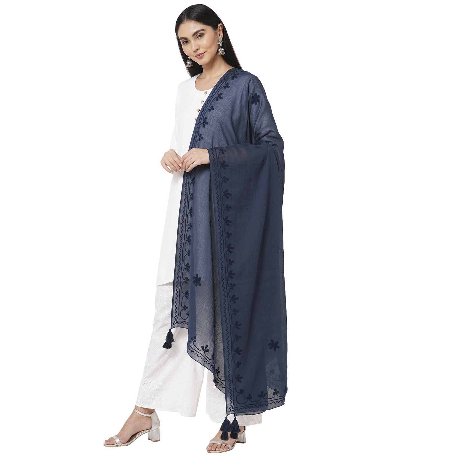 Cotton Embroidered Blue Dupatta with tassels
